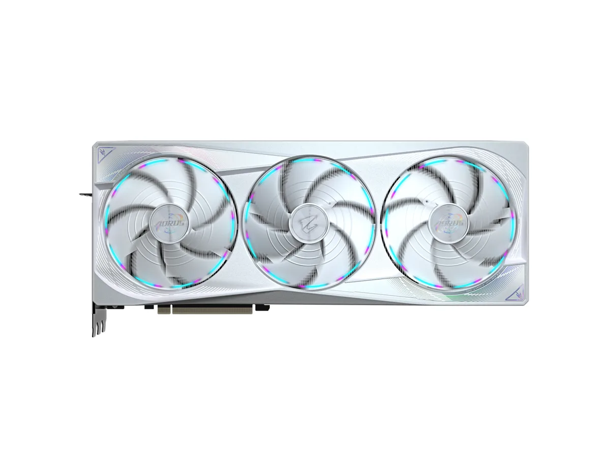 White triple-fan graphics card with LCD edge display