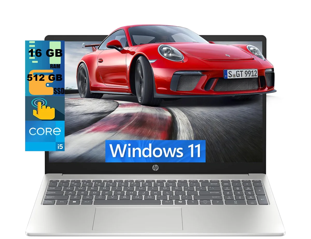 Silver HP 15 laptop with 15.6 inch touchscreen display closed