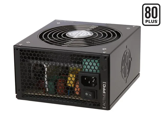 Rectangular metal ATX power supply unit with matte black finish, rear fan grille, and cable bundle emerging from side