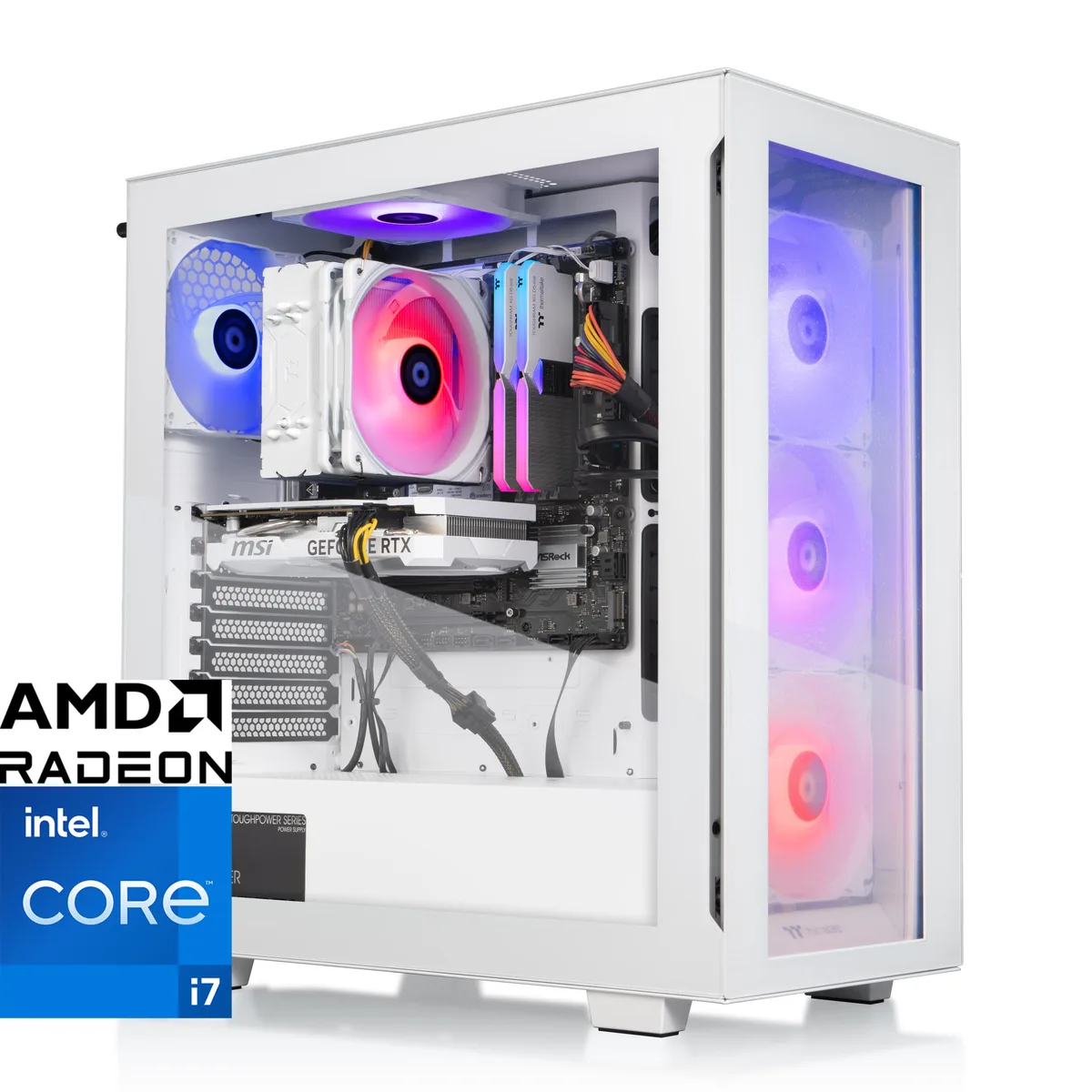 White mid-tower gaming desktop with ARGB tower cooler visible through side panel