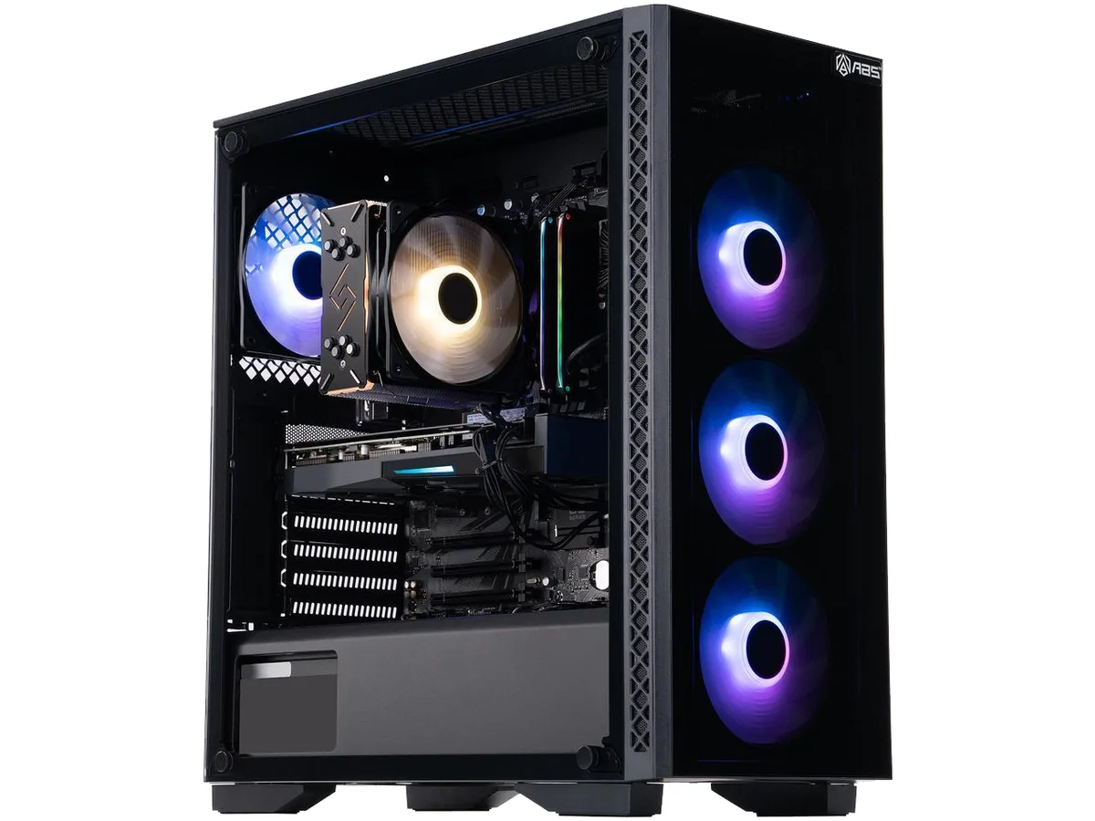 Black mid-tower gaming desktop with RGB lighting visible through side panel