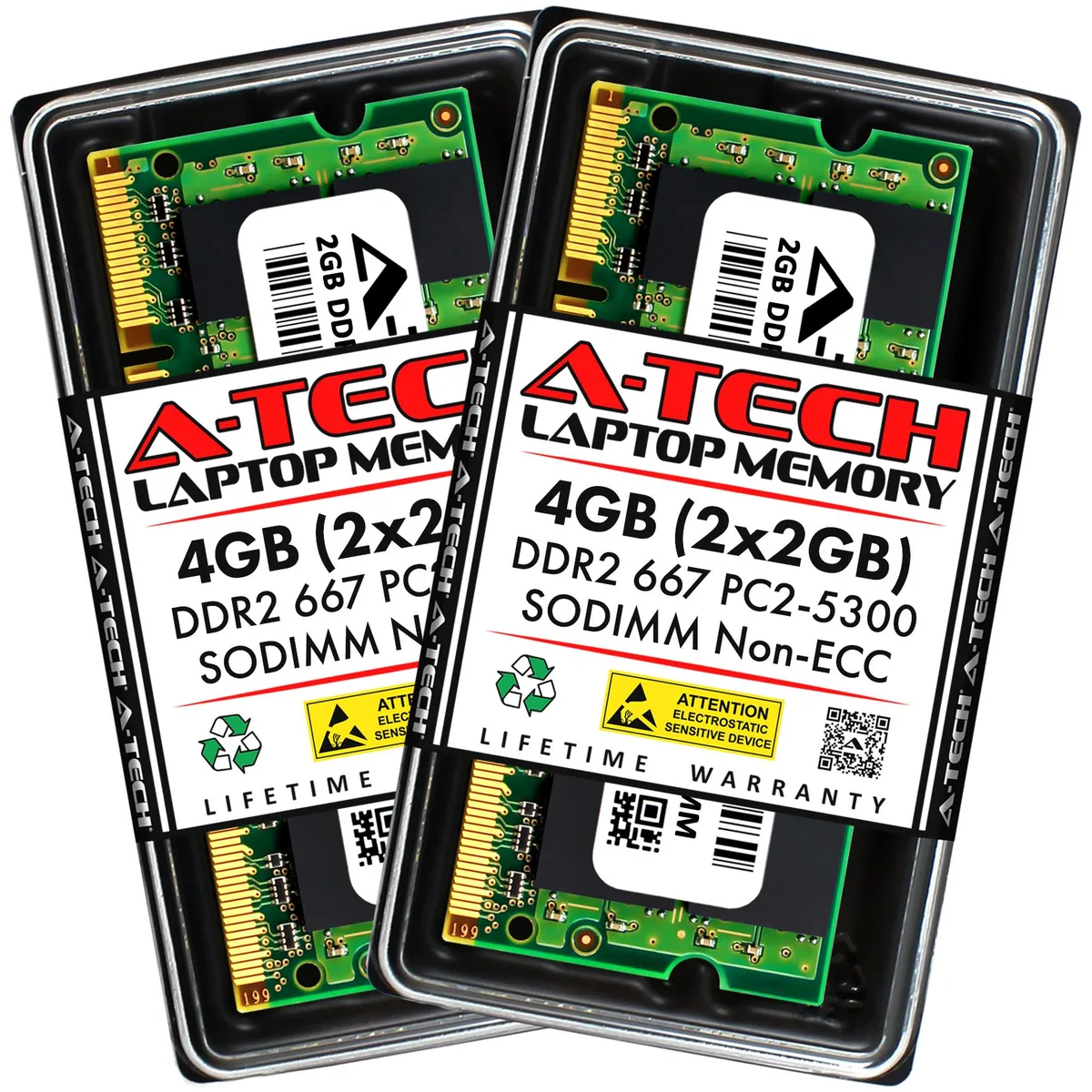 A-Tech A-Tech 4GB (2x2GB) DDR2 667MHz SODIMM PC2-5300 CL5 1.8V 200-Pin Laptop RAM — 제품 사진