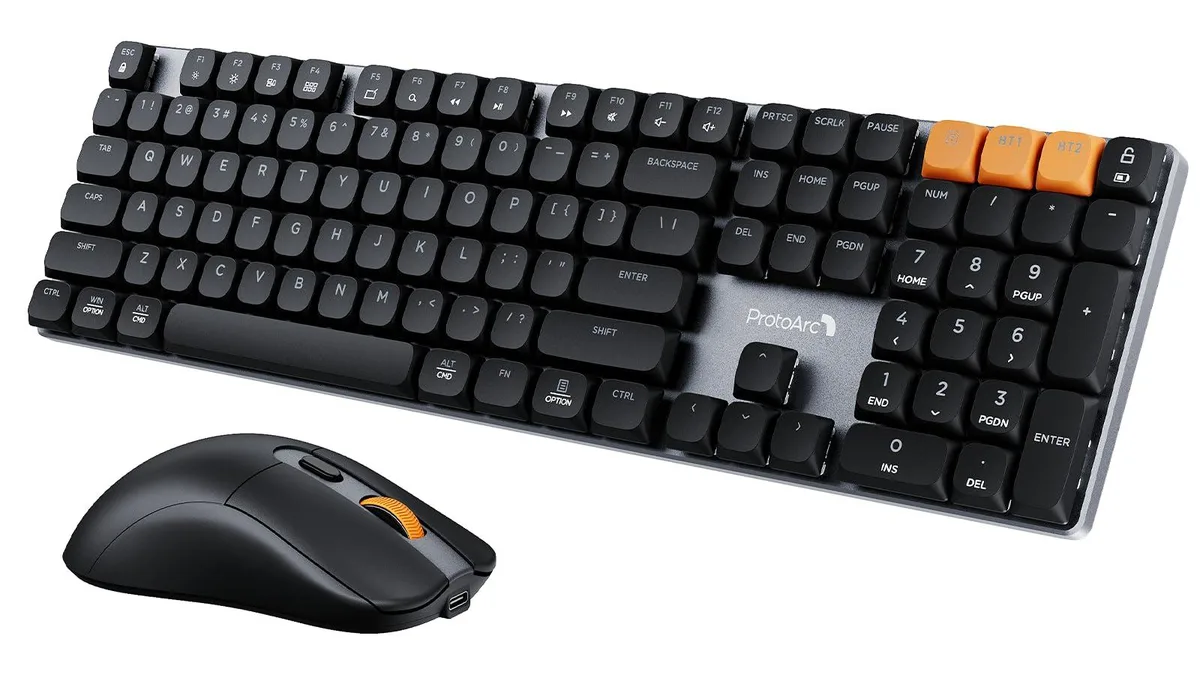 Space Gray aluminium keyboard with 108 low-profile keys and matching 63 g mouse