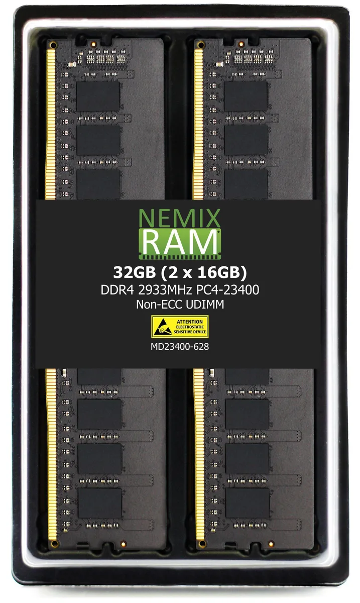 Two green 288-pin DDR4 sticks, no heat spreader, 32GB kit