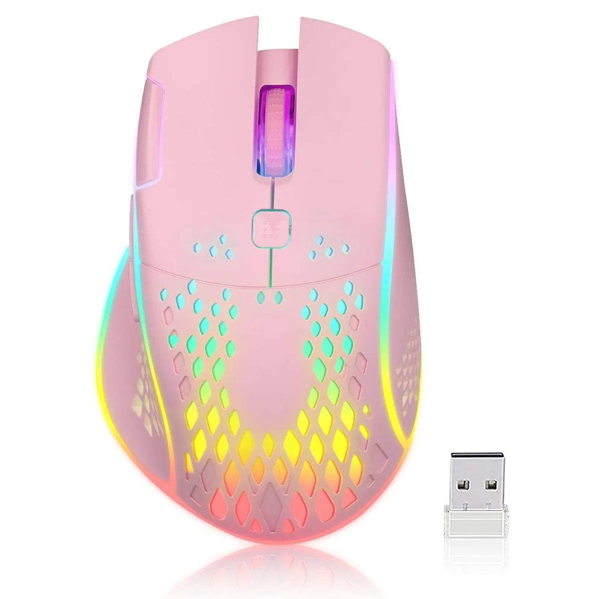 Pink wireless gaming mouse with honeycomb shell and RGB lighting