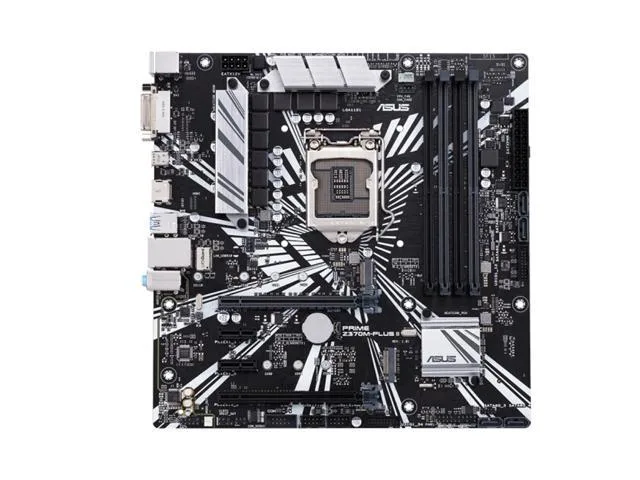 mATX motherboard in metal and plastic, silver and black finish, LGA1151 socket, four RAM slots, two full-size PCIe slots