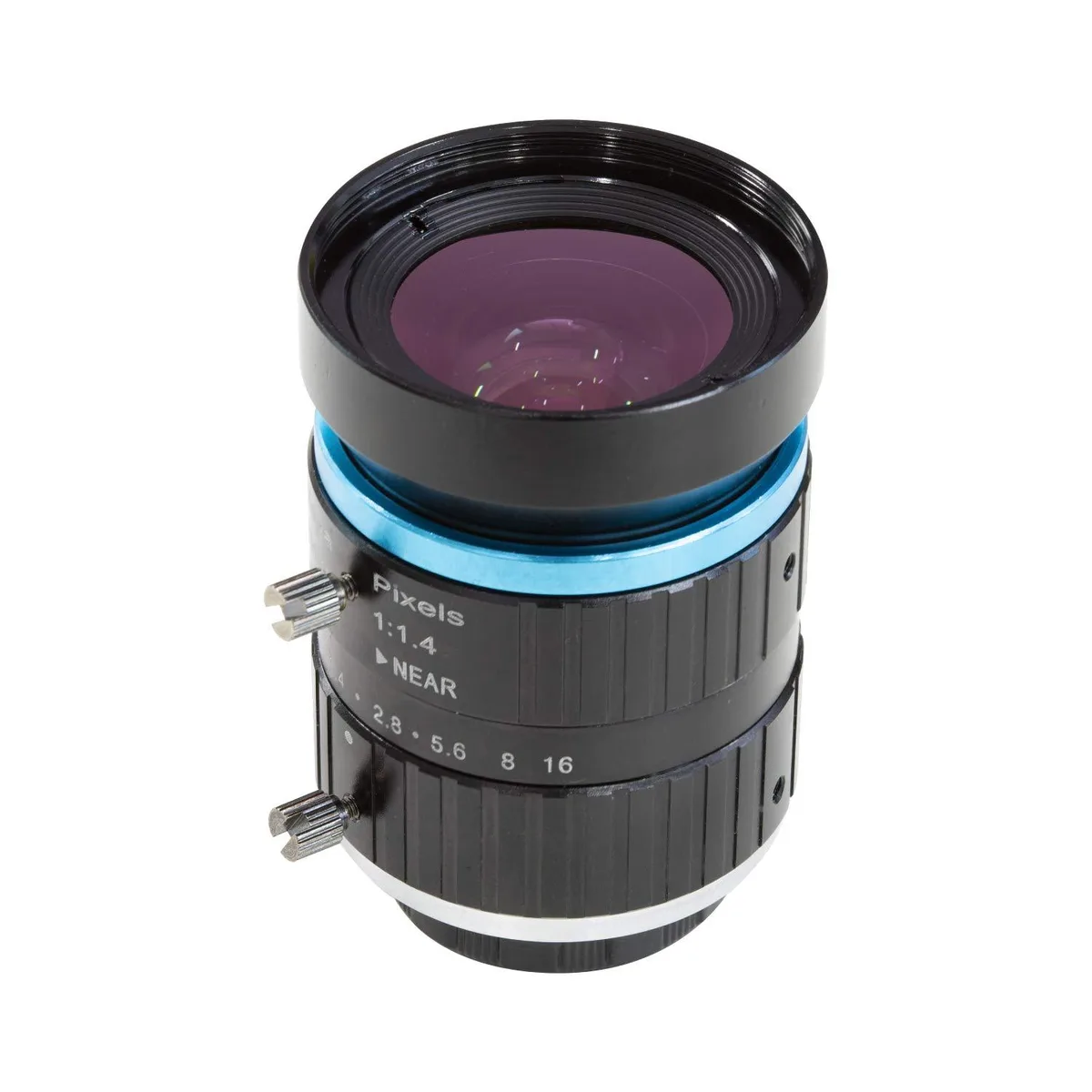 Silver metal C-mount lens barrel with manual focus and aperture rings, includes black C-CS adapter ring