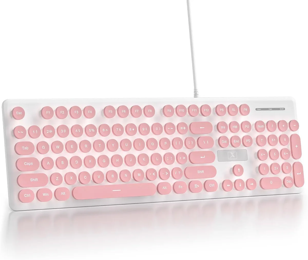 Pink retro typewriter keyboard with 104 round white-LED backlit keys, slim ABS frame