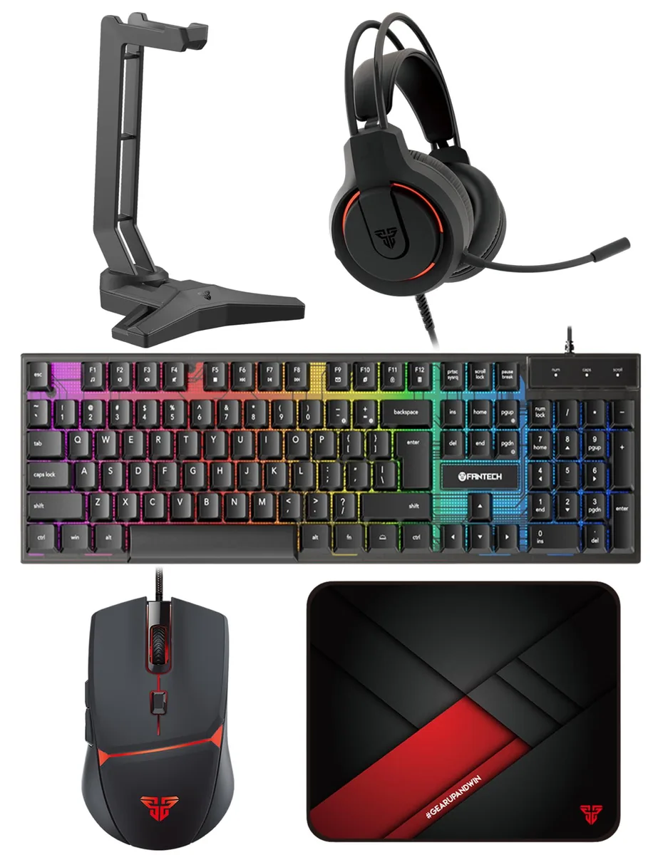 Black wired gaming keyboard, mouse, headset, pad and stand with RGB lighting