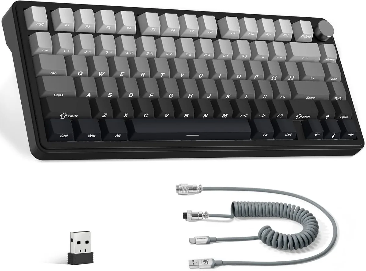 Compact white 75 percent mechanical keyboard with rotary knob and cherry profile PBT keycaps