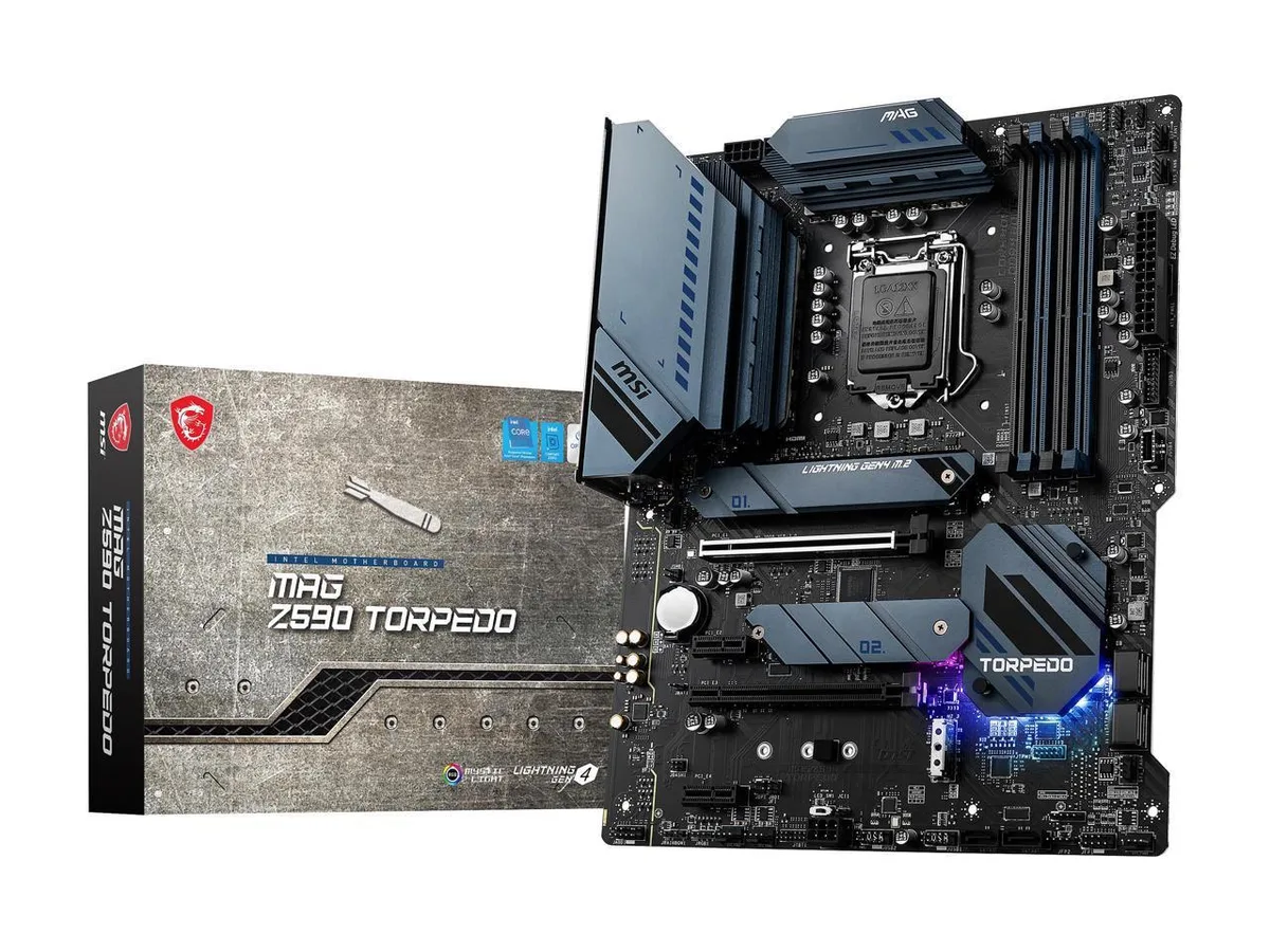 ATX motherboard in dark grey and black finish with silver heatsinks