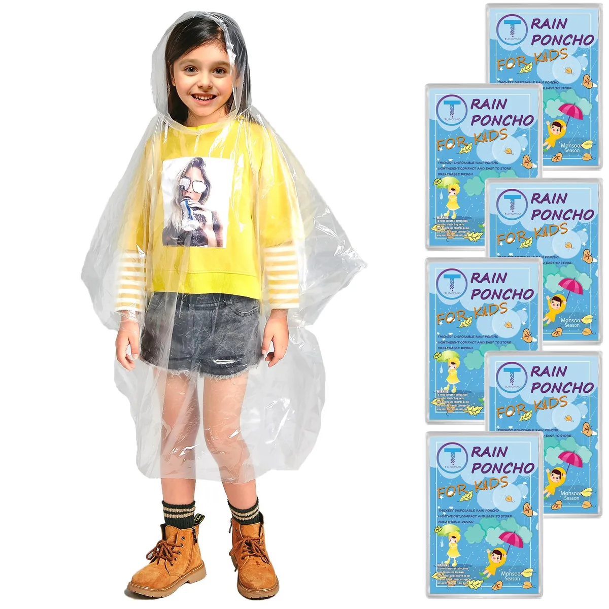 TUNCHMO Poncho Children's Outerwear 6 Pack Clear PE 0.035mm — 商品写真
