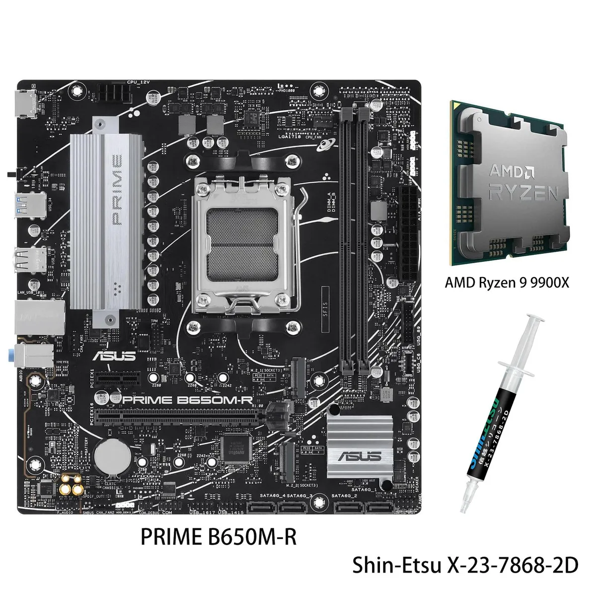 ASUS PRIME B650M-R micro-ATX motherboard with Ryzen 9 9900X CPU, dark PCB and silver heatsinks