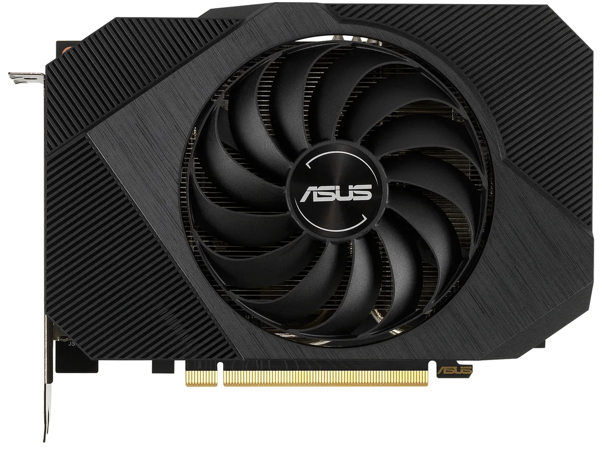 ASUS Phoenix RTX 3050 dual-slot card, single fan, black shroud, metal backplate, one HDMI, three DisplayPorts, 8-pin power