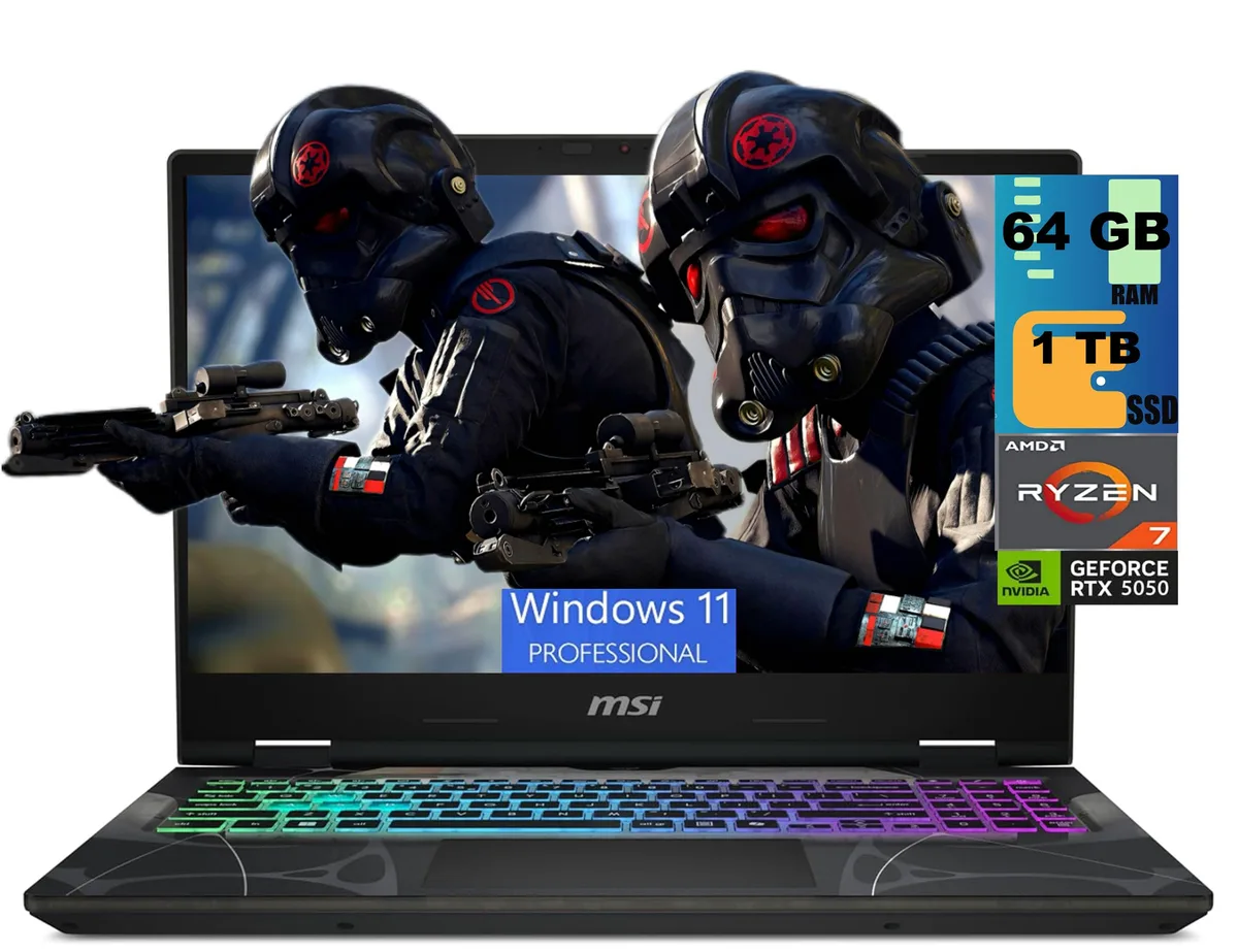 Black 15.6 inch gaming laptop with translucent chassis and RGB keyboard