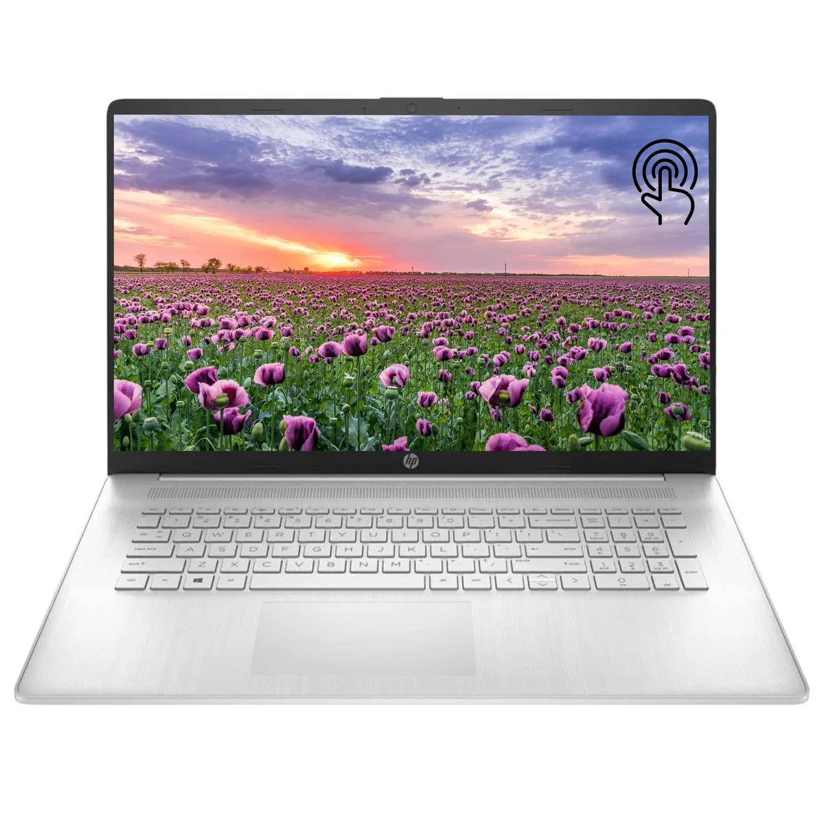Silver 17.3 inch touchscreen laptop, slim profile, matte finish