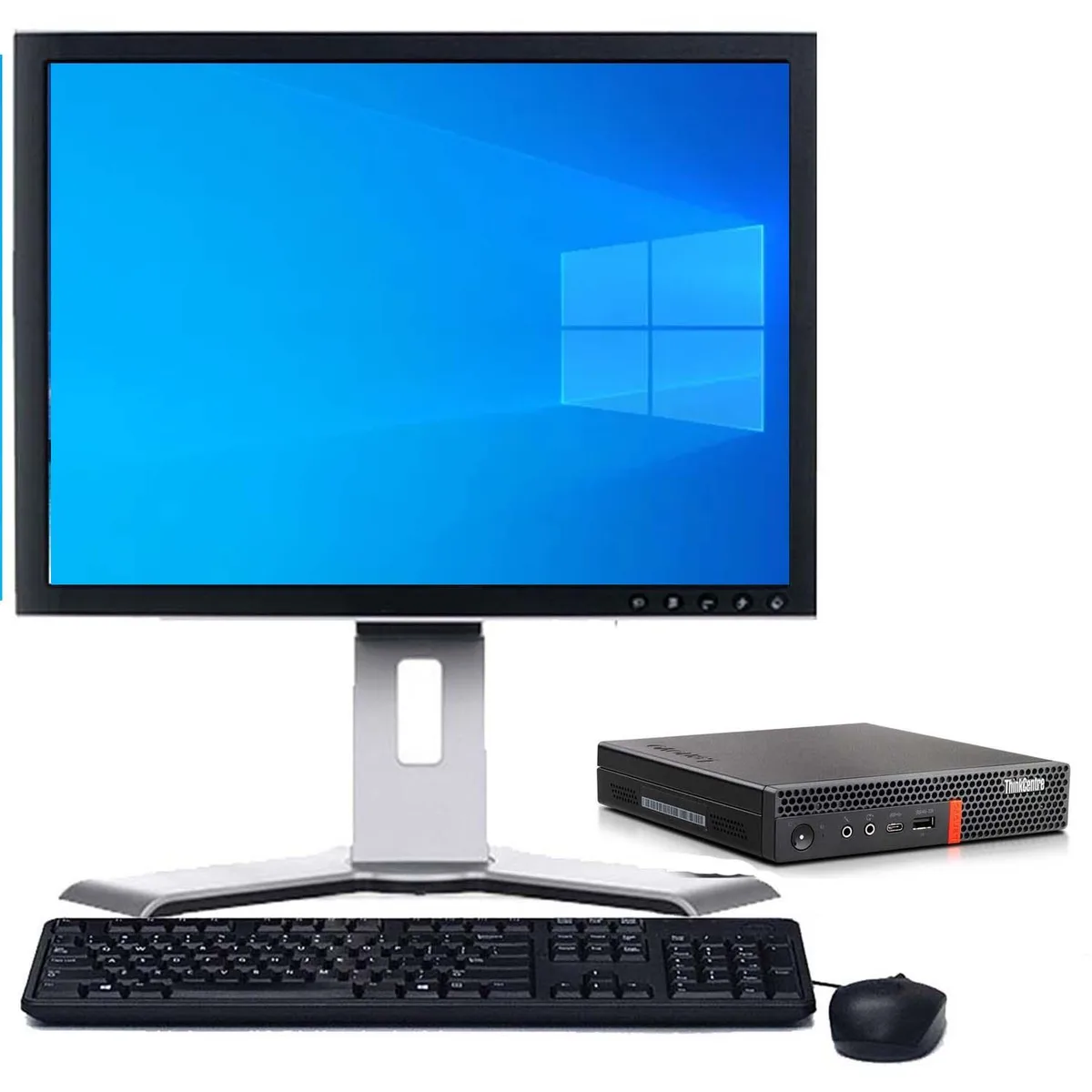 Black Lenovo ThinkCentre Mini PC and 22" monitor