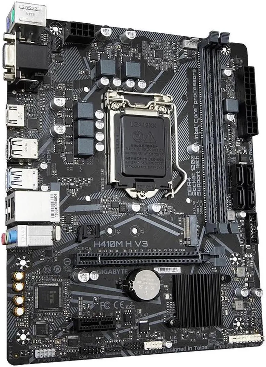 Green Micro ATX motherboard with LGA 1200 socket, two DDR4 slots, silver heatsink and rear I/O panel
