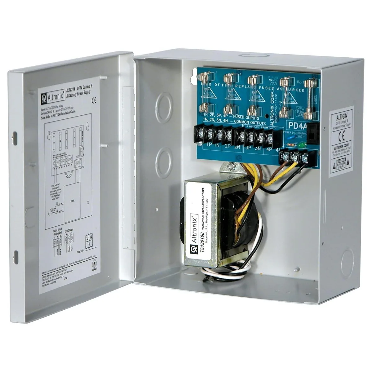 Grey steel wall-mount enclosure with four fuse holders and line cord