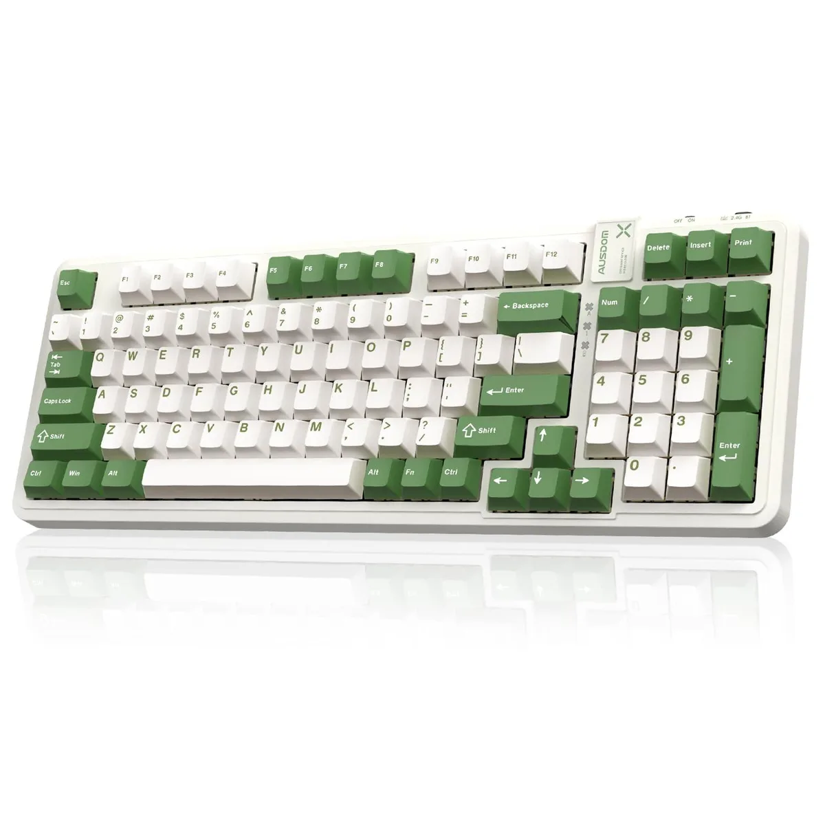 Compact 97-key mechanical keyboard in green and white with PBT keycaps and white backlight