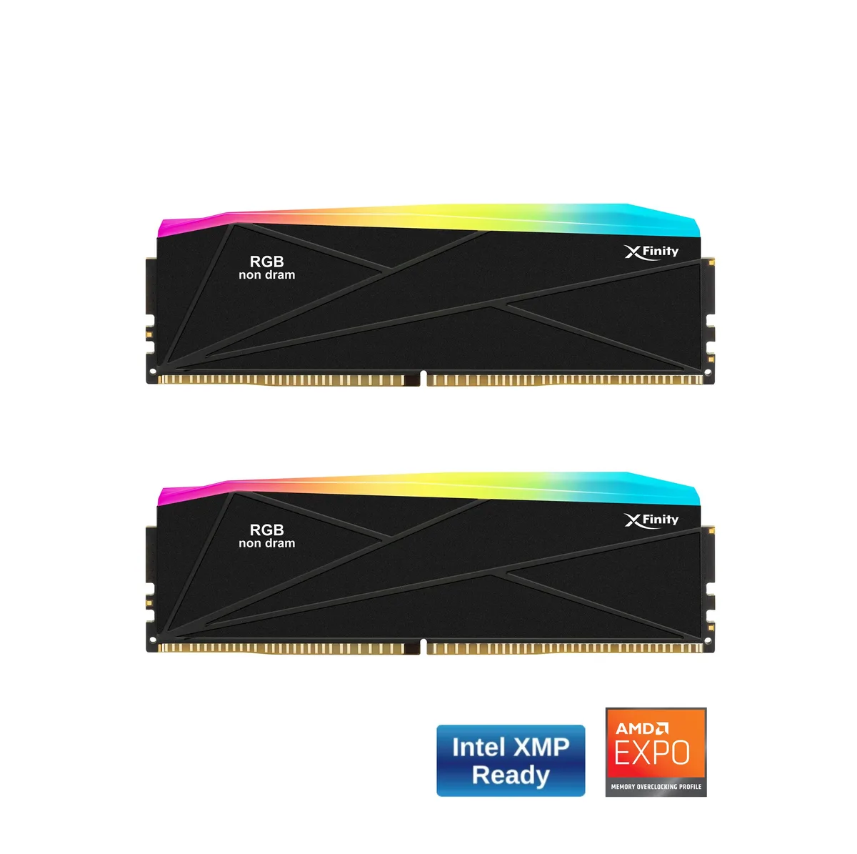 Two black DDR5 RGB filler modules with aluminum heat spreaders, no memory chips