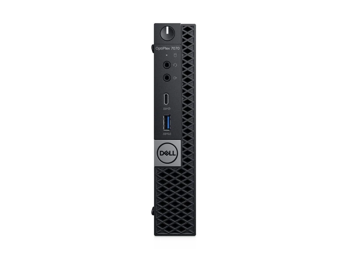 Compact square mini PC, matte black finish, front USB-C port visible
