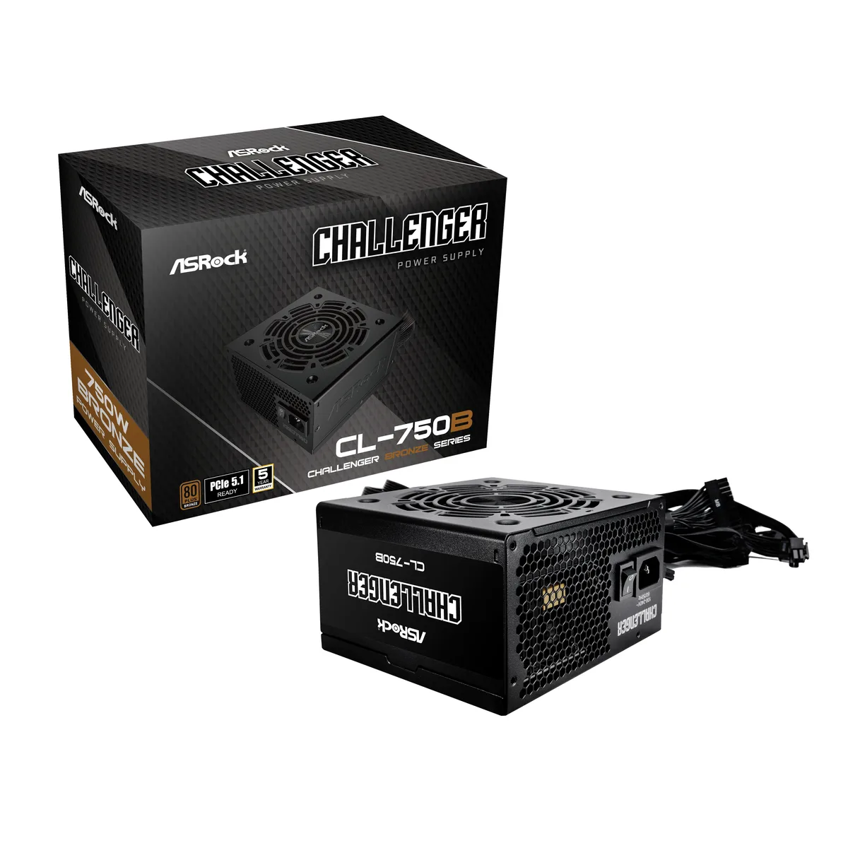 Black rectangular ATX power supply with 120 mm fan and fixed cables
