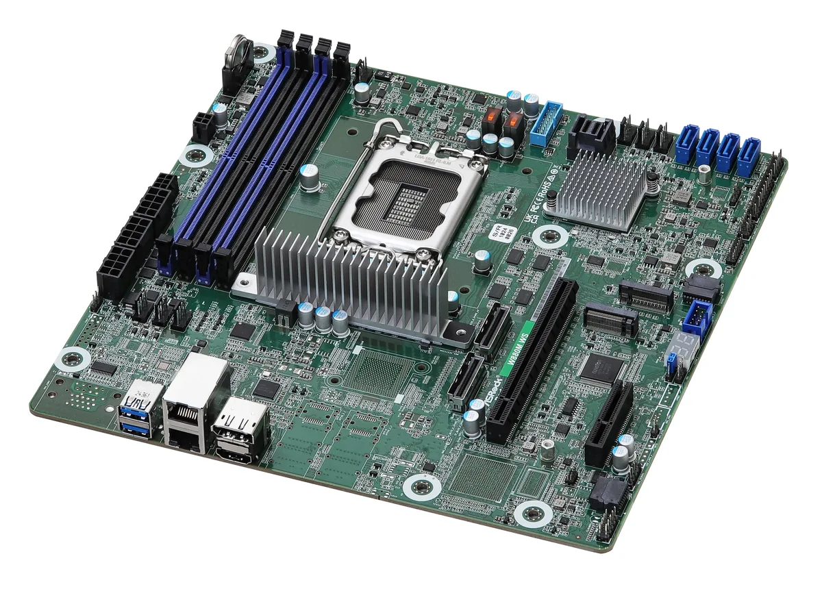 Green Micro-ATX server motherboard with silver CPU socket and four black DDR5 slots