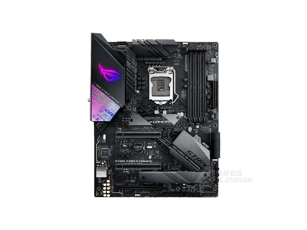 Black ATX motherboard with silver heatsinks and RGB lighting