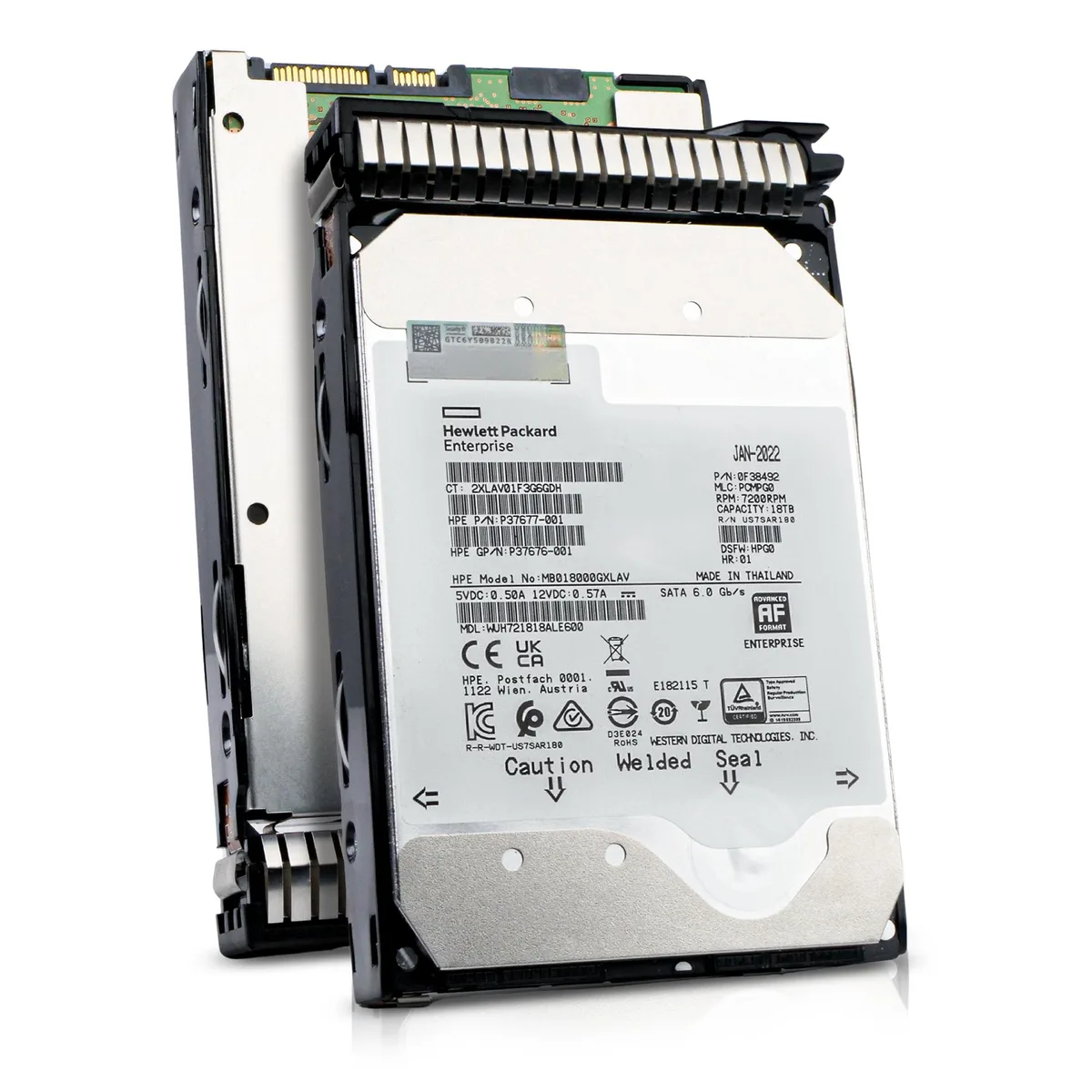 3.5 inch enterprise hard drive in silver metal casing with server tray installed