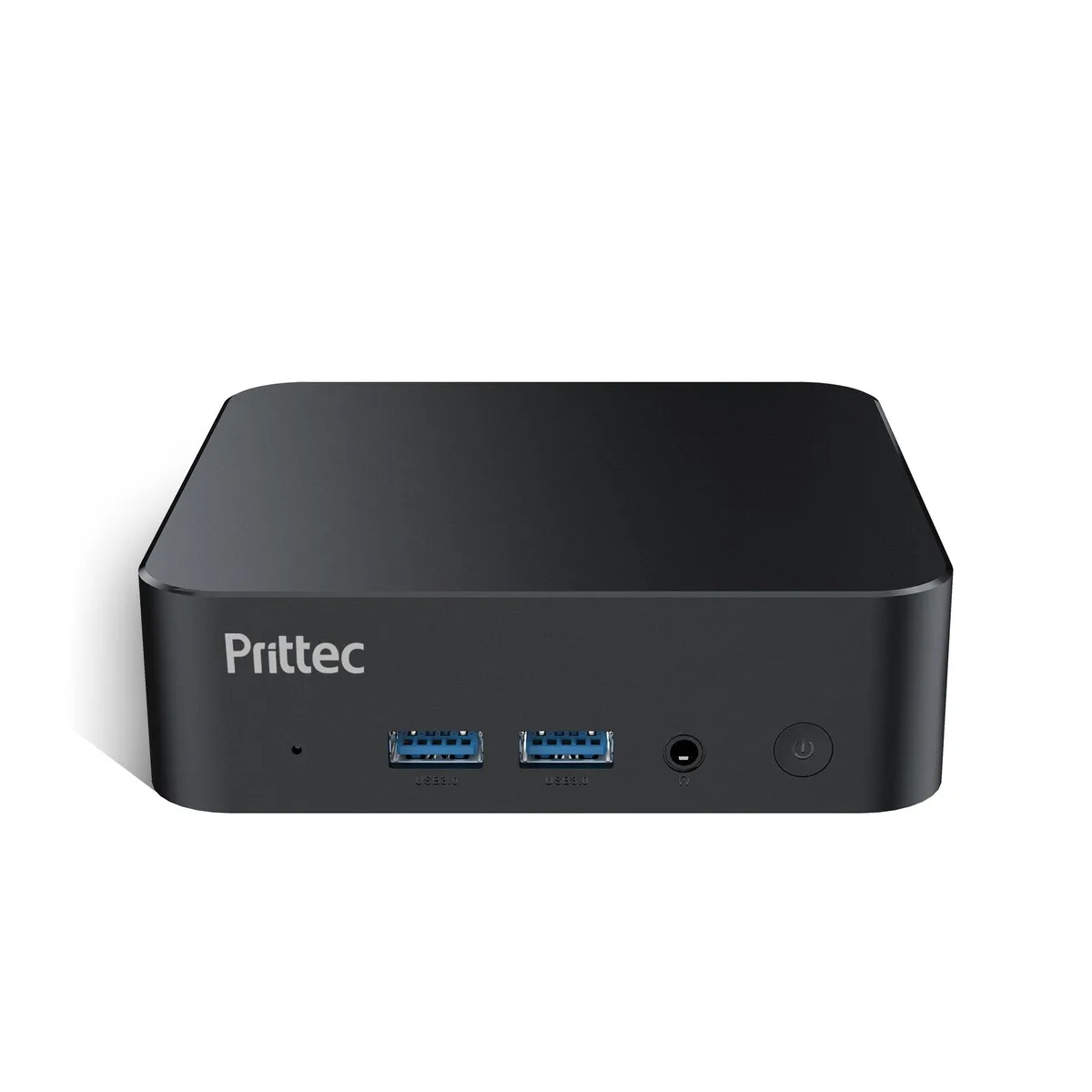Compact black mini PC, 4.4 by 4.4 by 1.5 inches