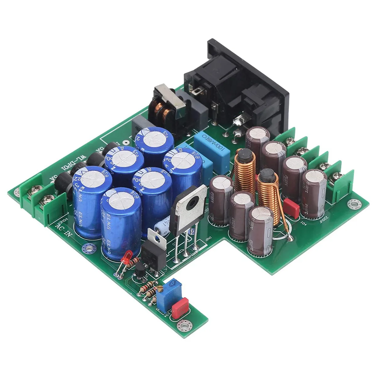 Green PCB power supply module with heat sinks and output terminals