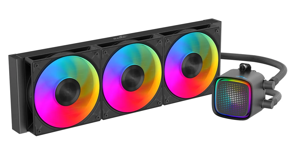 Black 360 mm AIO liquid cooler with three 120 mm ARGB fans and infinity mirror pump block