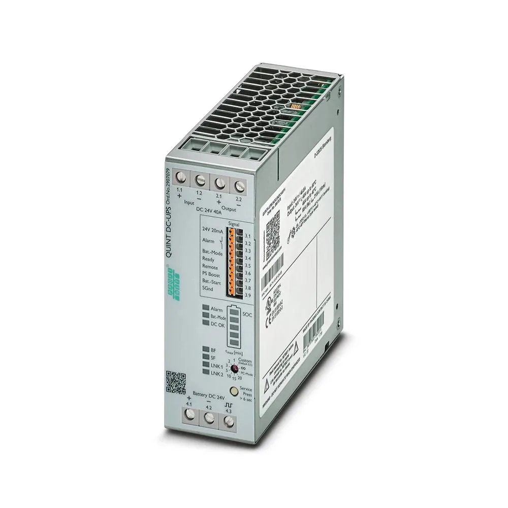 Rectangular metal power supply unit with front terminals and label showing 24VDC 40A