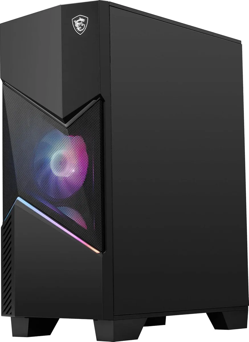 Black mid-tower gaming desktop with front RGB lighting and mesh ventilation
