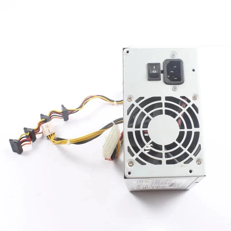 Rectangular silver ATX power supply unit with black fan grille and cable bundle