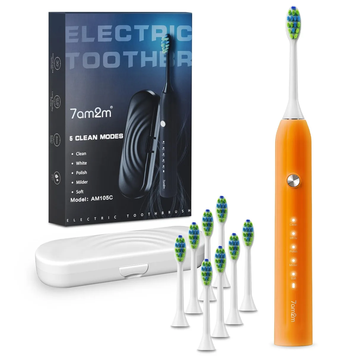  7AM2M AM105C Sonic Electric Toothbrush Orange 8 Heads Case — foto produk