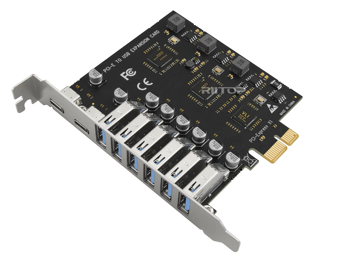 Green PCIe card with metal bracket showing six blue USB-A and two blue USB-C ports