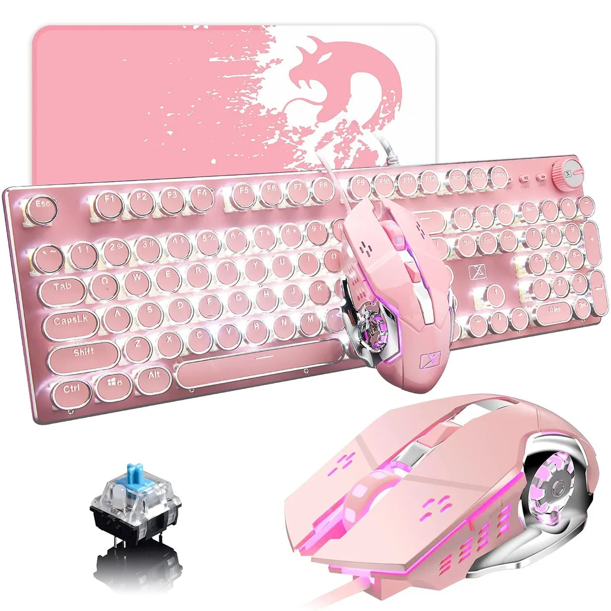 Pink full-size mechanical keyboard with round keycaps and matching ambidextrous mouse, white LED backlighting, metal panel