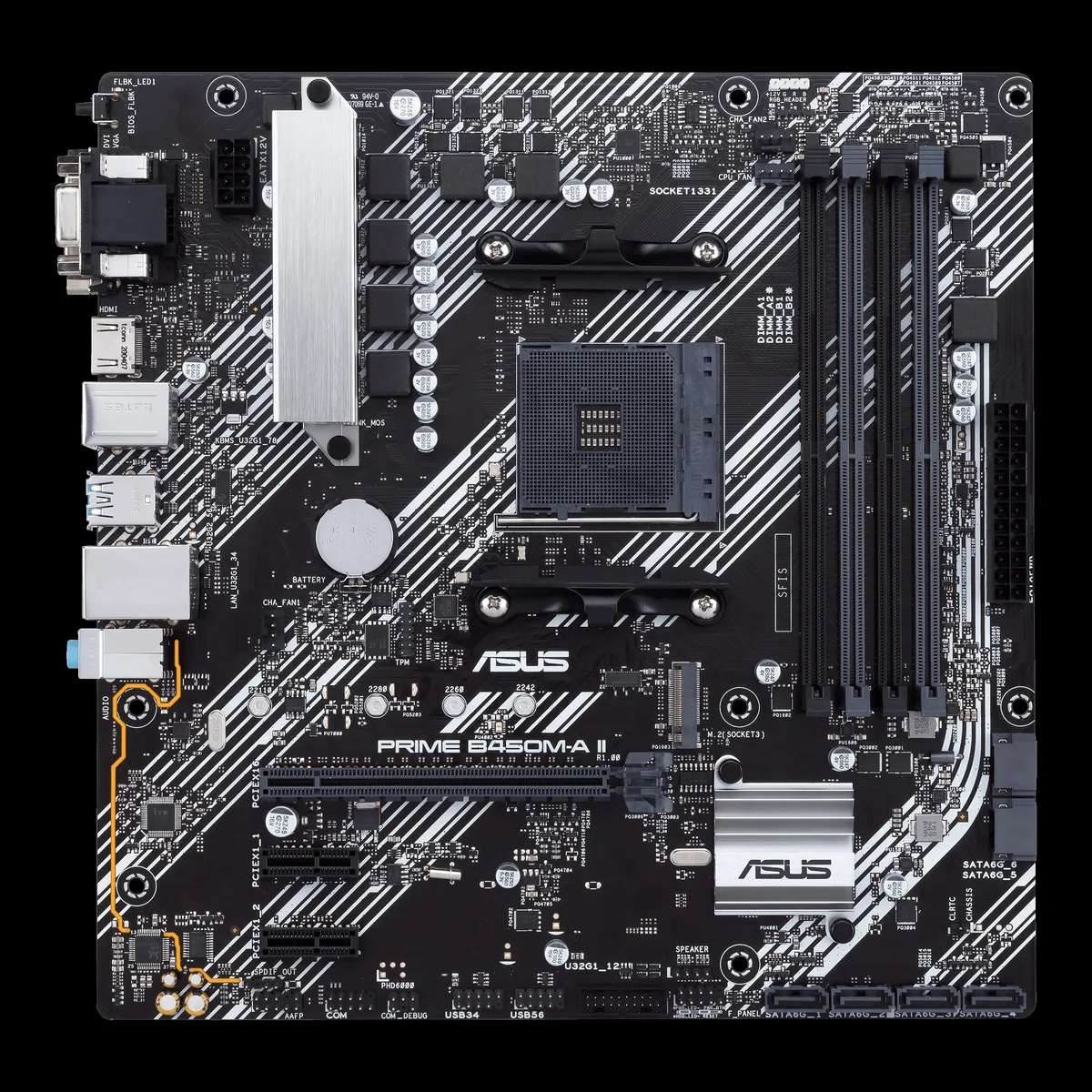 ASUS PRIME B450M-A II MicroATX motherboard with I/O shield in anti-static bag