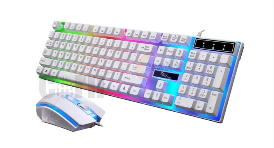 White wired gaming keyboard with rainbow backlighting and matching optical mouse, 104 keys, 1.5 m cable