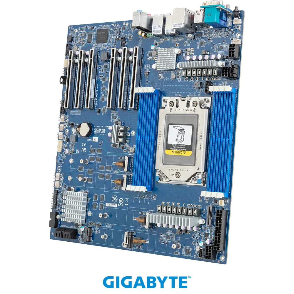 Rectangular green server motherboard, silver CPU socket, eight black DDR5 slots, six full-length PCIe slots