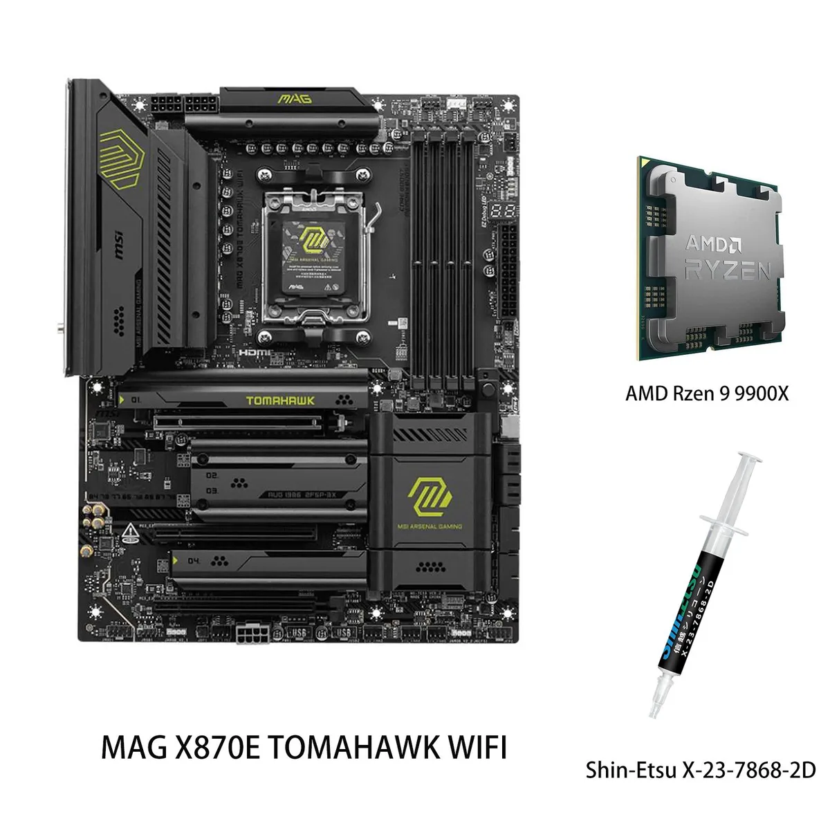 ATX motherboard in dark finish with silver heatsinks and a Ryzen 9 9900X processor installed