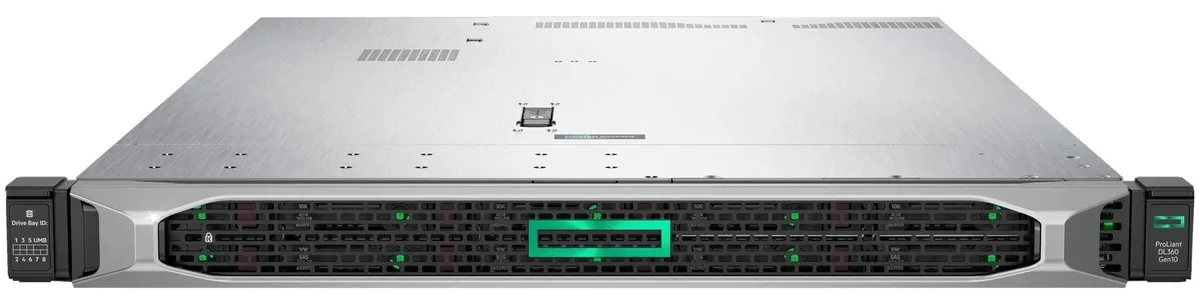 Silver 1U rack server front with eight drive bays and power supply