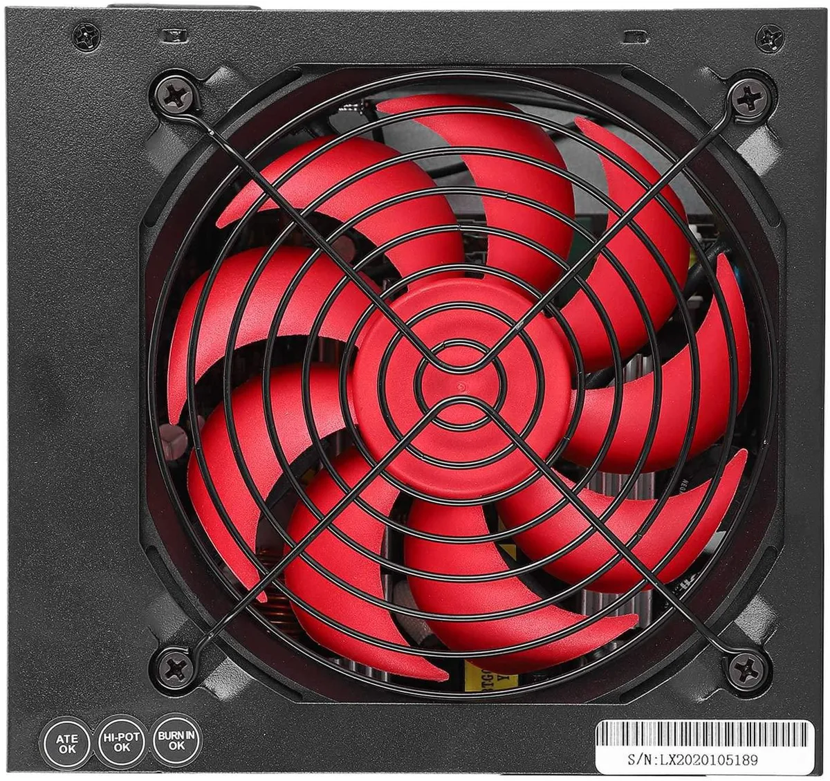 Red AT power supply unit, rectangular metal casing, rear fan grille, side voltage switch, bundled power cord