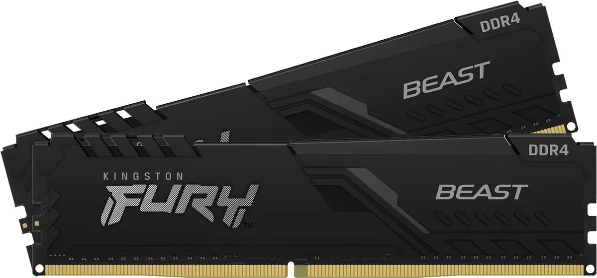 Two black DDR4 sticks with low-profile heat spreaders, dual-channel kit