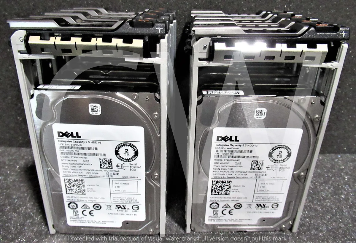 Silver 2.5 inch SAS hard drive mounted in a black Dell caddy tray