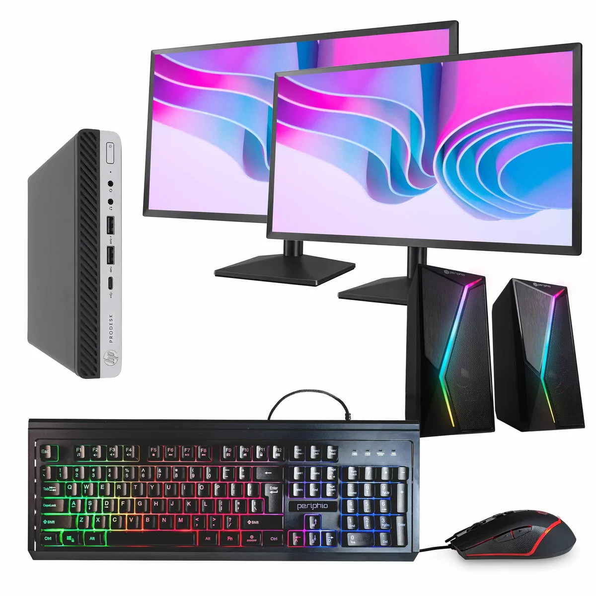 Compact black and silver mini desktop with two 24 inch monitors