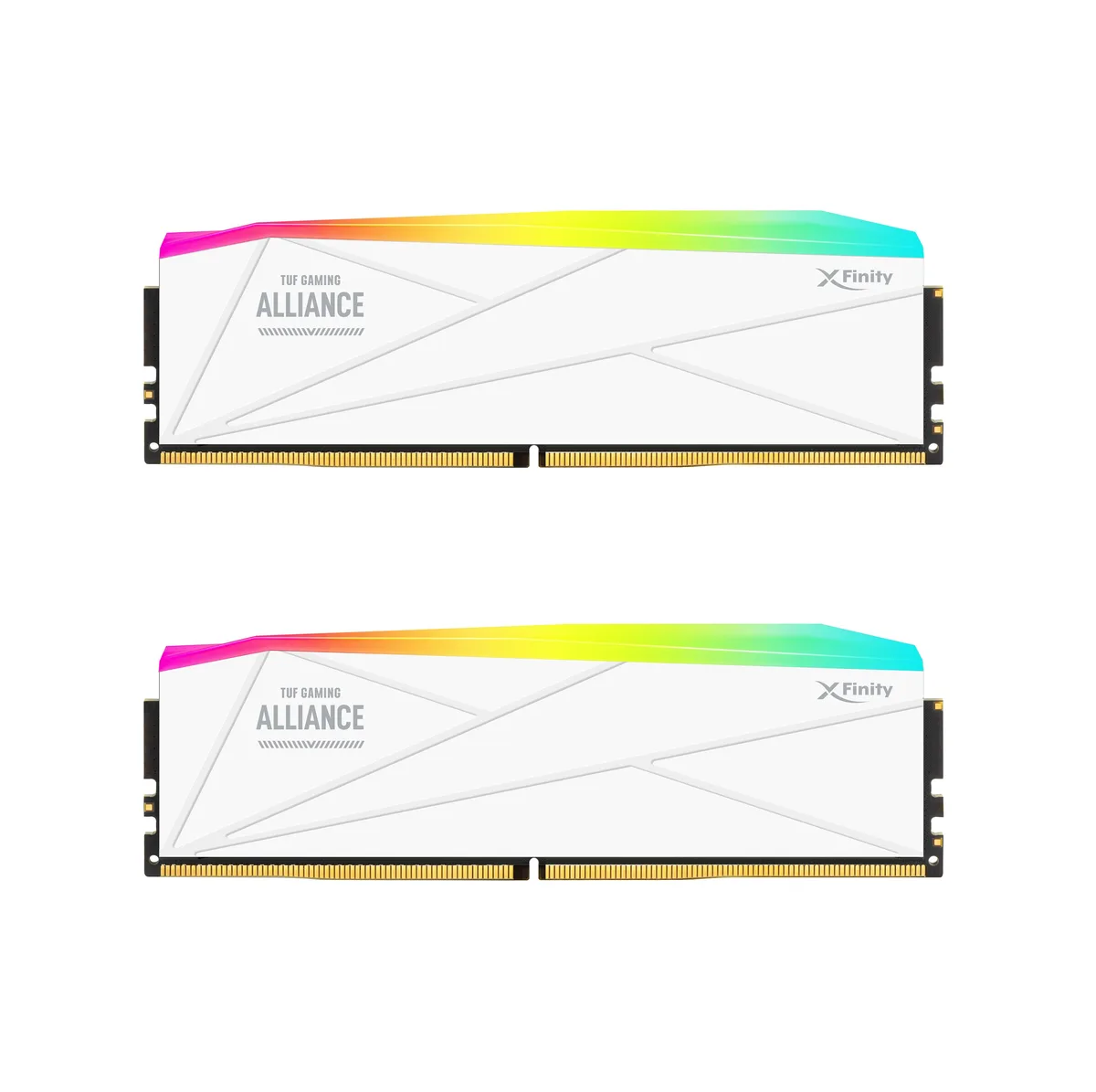 Two white DDR5 memory modules with RGB lighting and geometric heatsinks