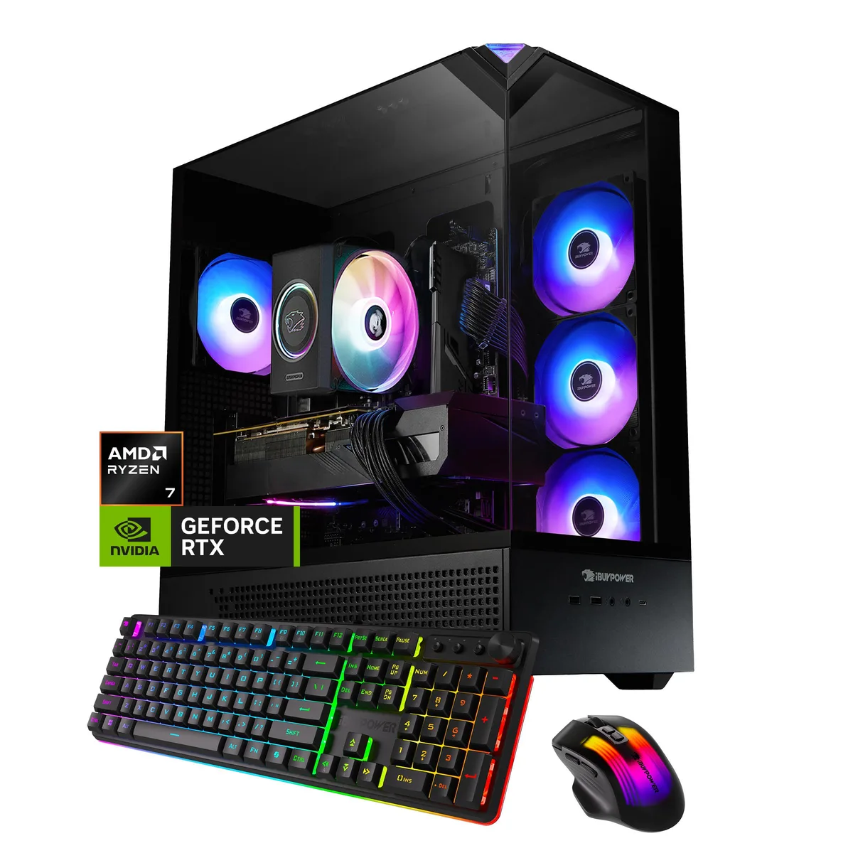 Black mid-tower gaming desktop with RGB lighting and glass side panel
